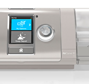 Refurbished ResMed AirCurve S10 Auto BiPAP—with accessories like power cord, hose, and humidifier.